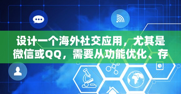 设计一个海外社交应用，尤其是微信或QQ，需要从功能优化、存储优化、安全、用户体验和个性化推荐等多个方面入手，结合用户需求和技术实现，以提升应用的效率和用户满意度。以下是一个结构化的解决方案